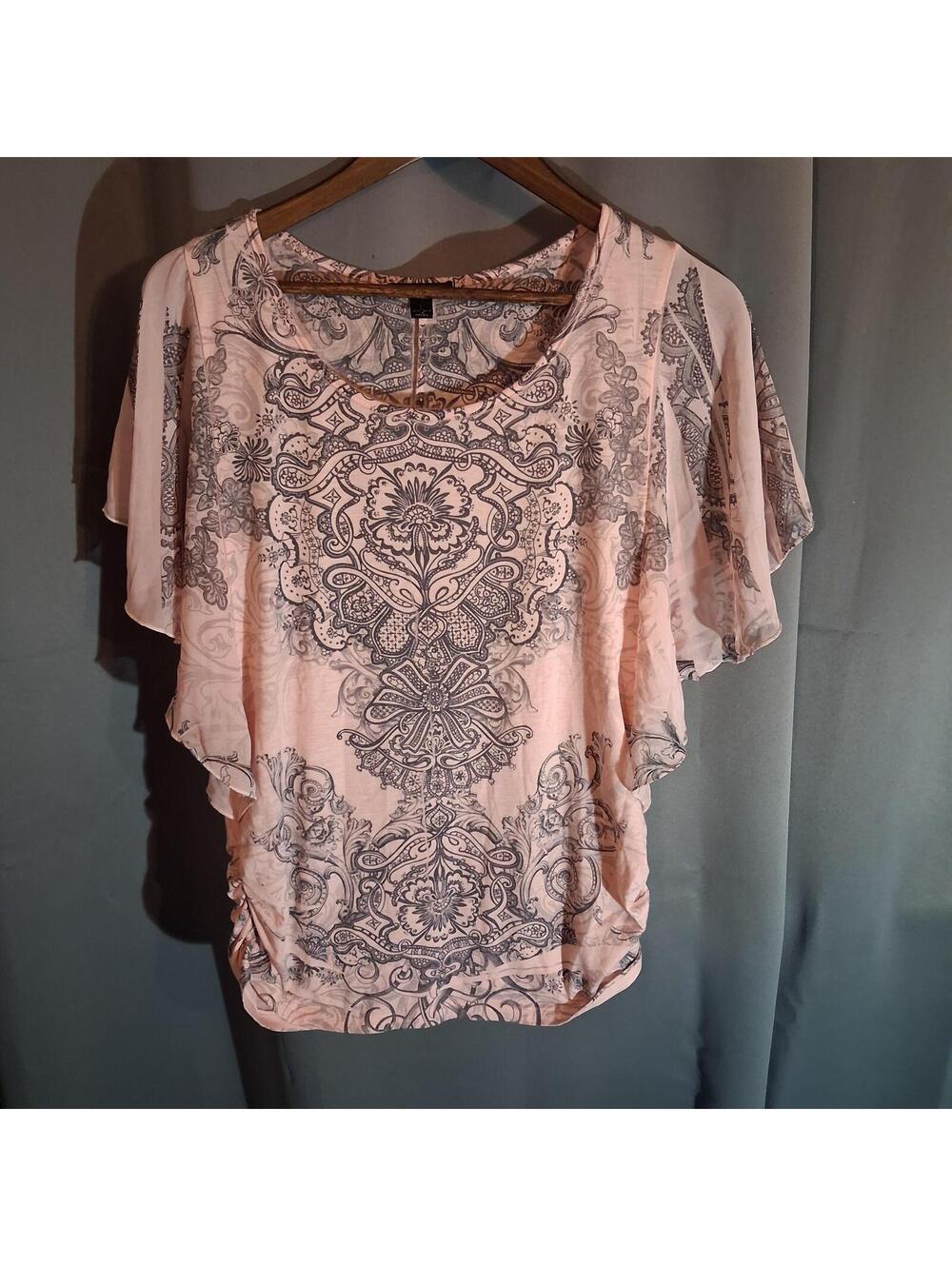 Light Pink Sheer Floral Print Blouse with Flutter Sleeves